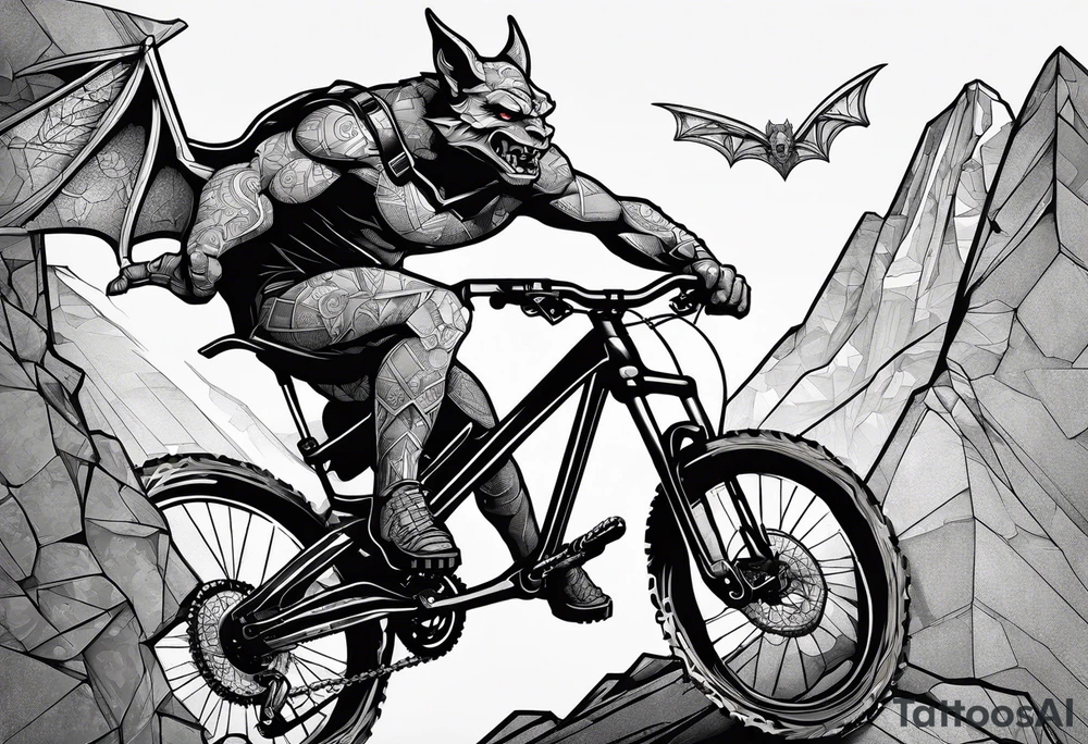 gargoyle riding a full suspension mountain bike with a shadow no background tattoo idea