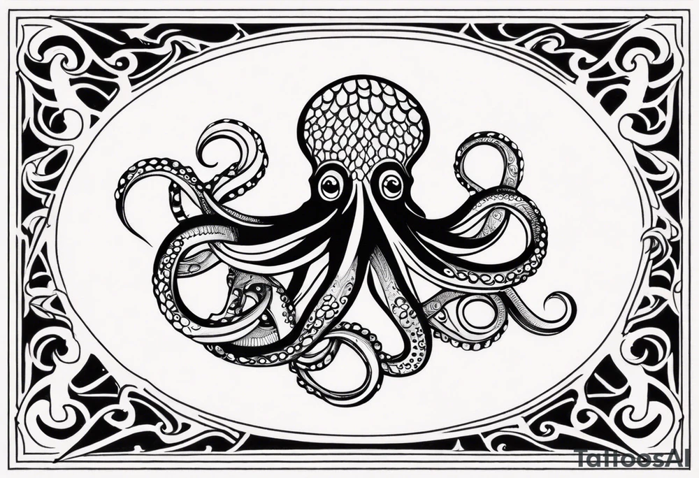 Tribal half sleeve. octopus surrounded by ribbons of water waves filled with fish. the octopus has small eyes. Use thick lines only with less detail. tattoo idea