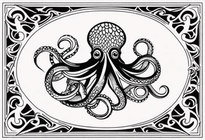 Tribal half sleeve. octopus surrounded by ribbons of water waves filled with fish. the octopus has small eyes. Use thick lines only with less detail. tattoo idea