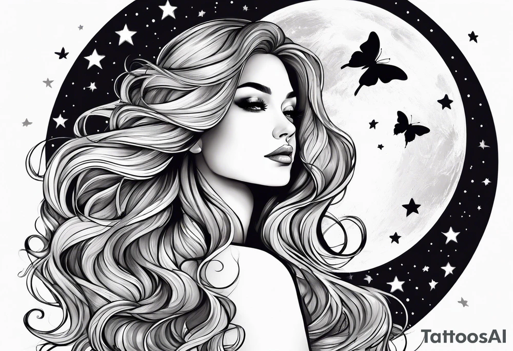 Beautiful woman with butterflies in her long wavy hair sitting on a half moon, with a moon and star background tattoo idea