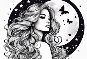 Beautiful woman with butterflies in her long wavy hair sitting on a half moon, with a moon and star background tattoo idea