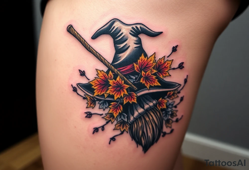 Which is broom with handle
 a witches hat with fall maple leaves and vines tattoo idea