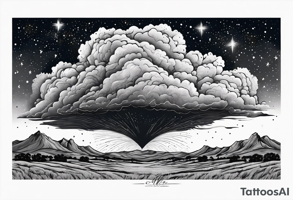 beautiful supercell cloud in vast open Texas lands split with the milky way lighting a starry night sky tattoo idea