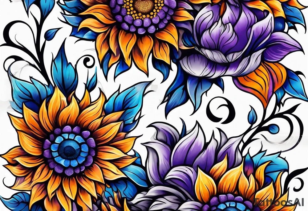 Full leg sleeve with purple, orange and blue sunflowers tattoo idea