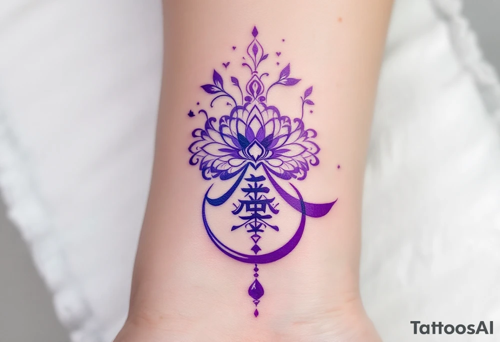 真 (zhēn, “truth”) in royal purple with a mirror motif suggests self-reflection and authenticity. tattoo idea