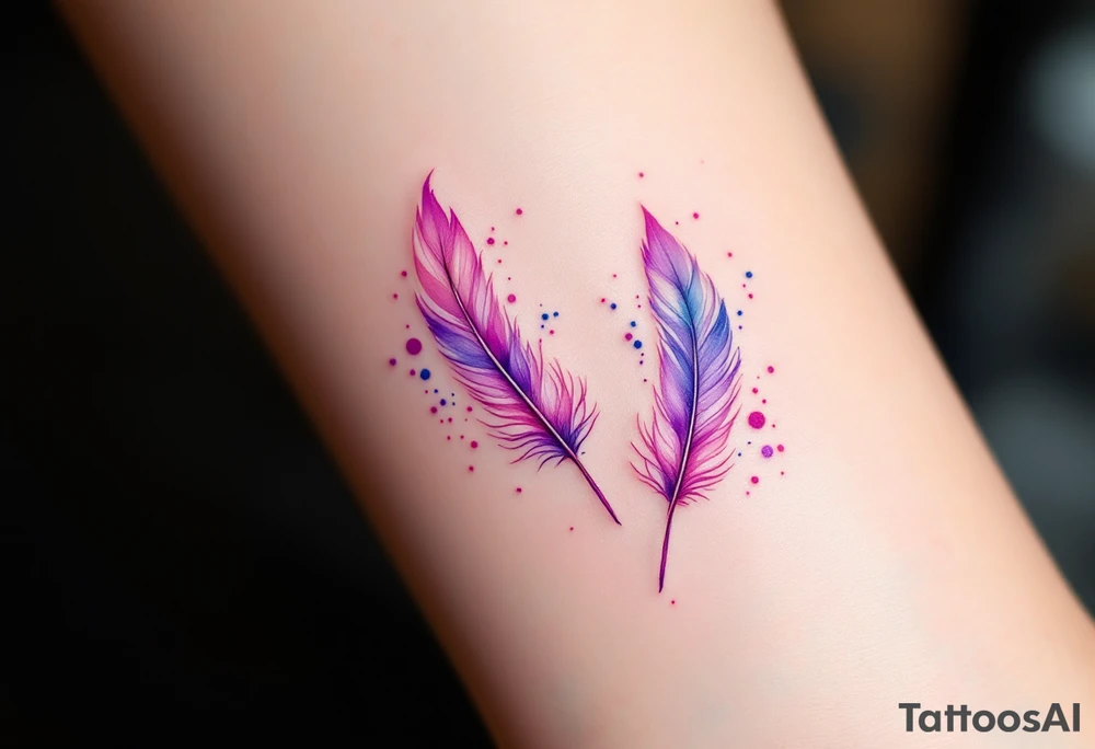 Two hummingbird-sized feathers, in soft pink and lavender gradients with ink splatter accents, floating side by side. tattoo idea