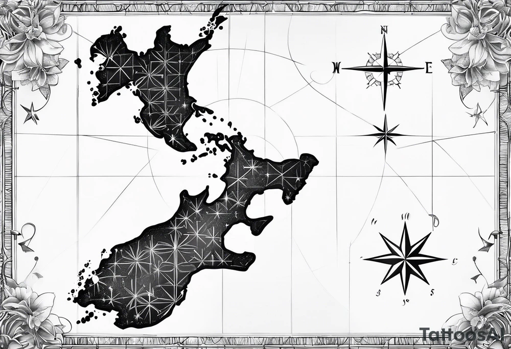 New Zealand map outline behind it and southern cross tattoo idea