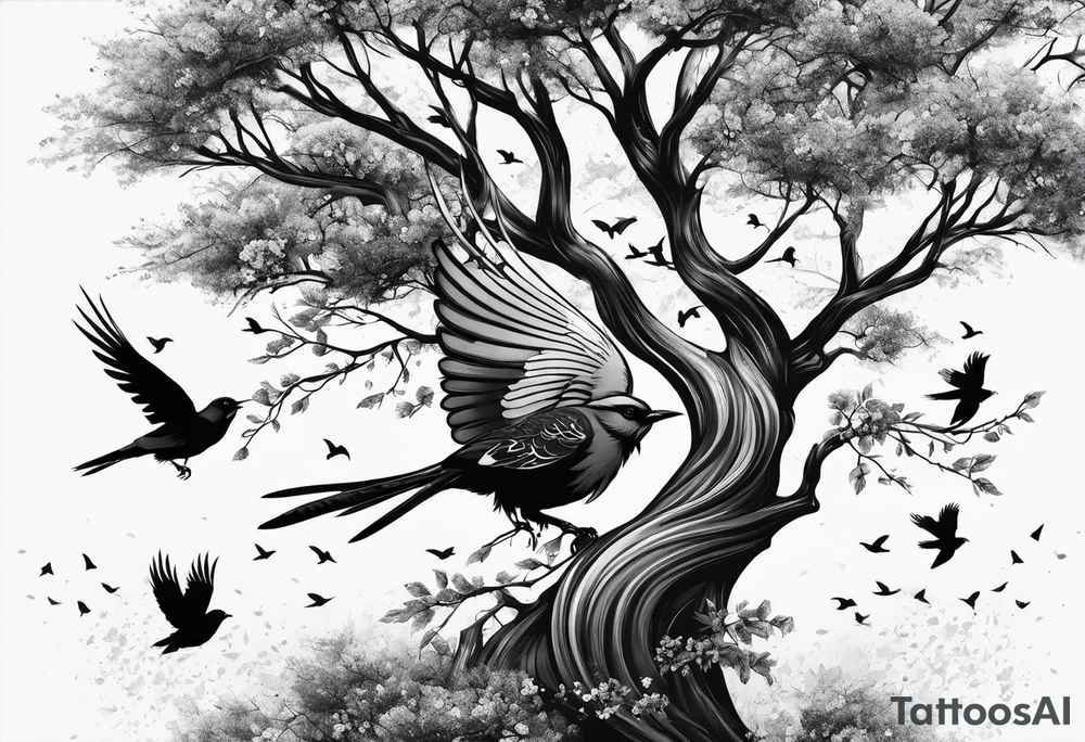 Half sleeve, tree, birds tattoo idea