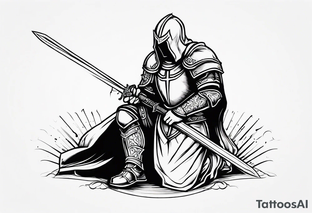 Crusader warrior holding a sword and wearing a cross on their armor, kneeling tattoo idea