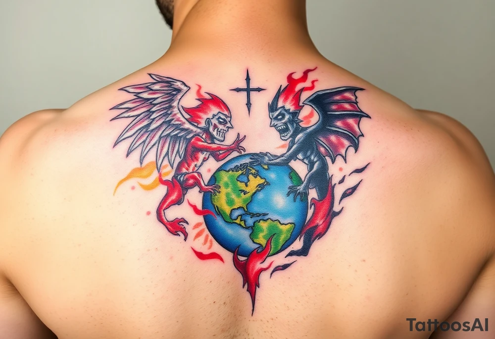 Heaven and hell fighting each other on earth tattoo idea
