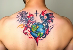 Heaven and hell fighting each other on earth tattoo idea