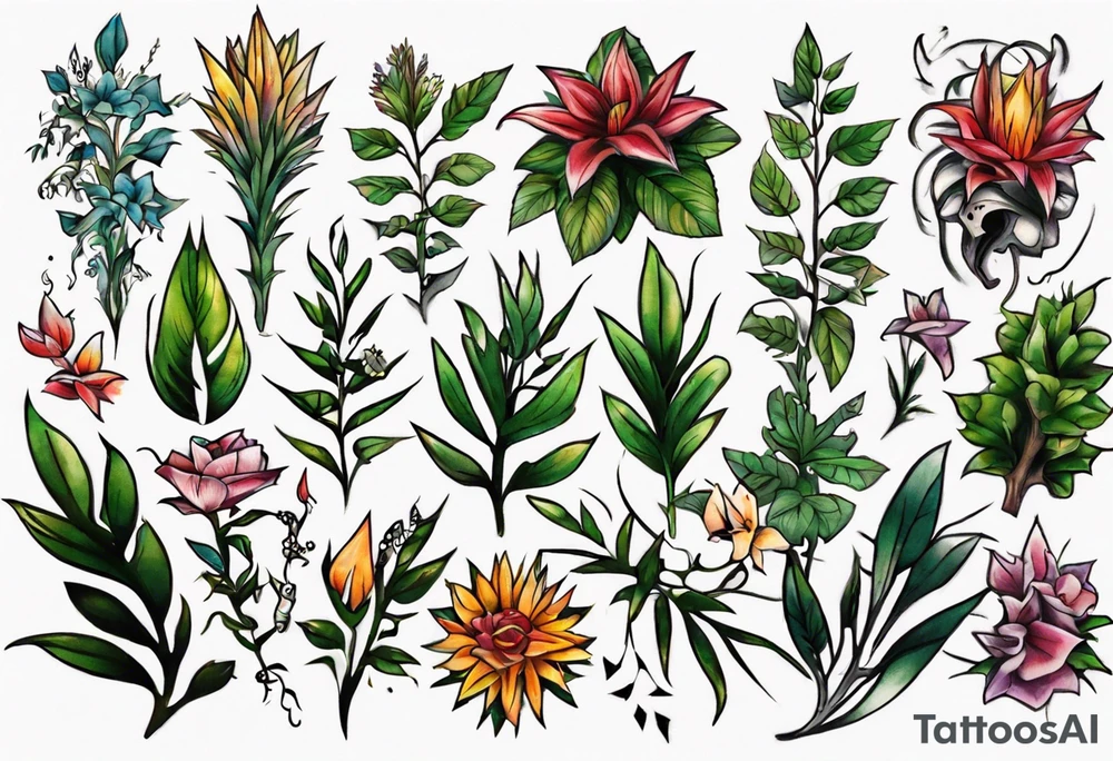 Word ‘power’ on top of plants tattoo idea