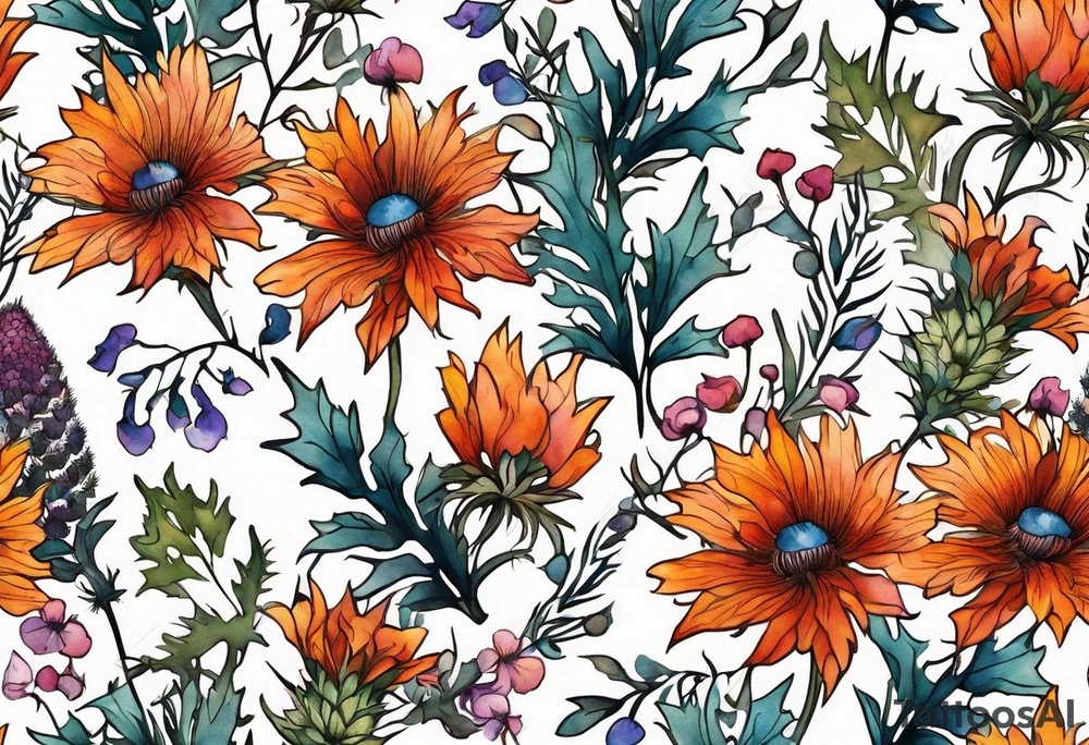 cascading mixed colored wildflowers with thistles, ferns, burnt orange flowers all in color tattoo idea
