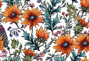 cascading mixed colored wildflowers with thistles, ferns, burnt orange flowers all in color tattoo idea