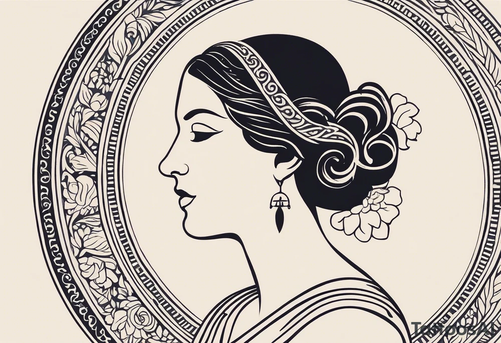 "Craft a minimalist round tattoo inspired by ancient Greek art, featuring Clio, the muse of history and lyre-playing. Design a circular composition with Clio depicted in the center, holding a scroll and a lyre. Surround her with simple yet symbolic elements such as laurel wreaths, scrolls, or geometric patterns reminiscent of ancient Greek pottery. Ensure the design maintains a minimalist style, with clean lines and limited detail, while capturing the essence of Clio's affinity for knowledge and the arts within the circular frame." tattoo idea