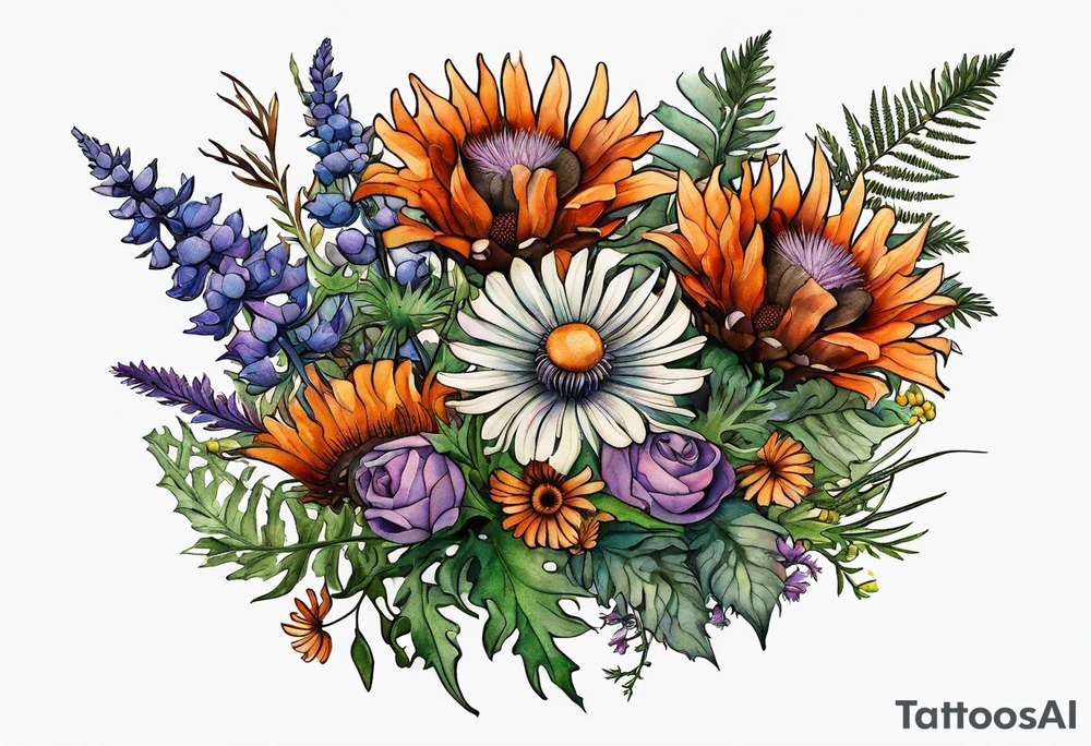 mixed wildflower bouquet with ferns, burnt orange flower, thistle and with watercolor to go along foot tattoo idea