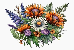 mixed wildflower bouquet with ferns, burnt orange flower, thistle and with watercolor to go along foot tattoo idea