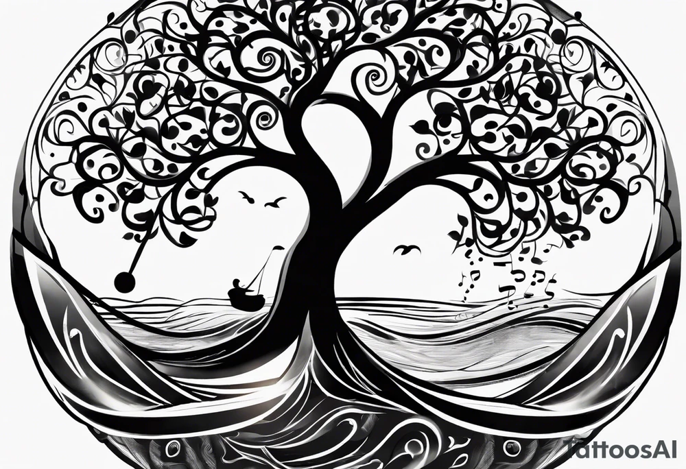 A tattoo design that incorporates the following elements: an abstract tree of life that has roots emerging  from the ground. Waves of water encapsulate the tree and wind around it in an organic way.  Incorporate music.   the letters U and A are overlapping and engraved into the tree. a golf ball incorporated but not prominent. tattoo idea