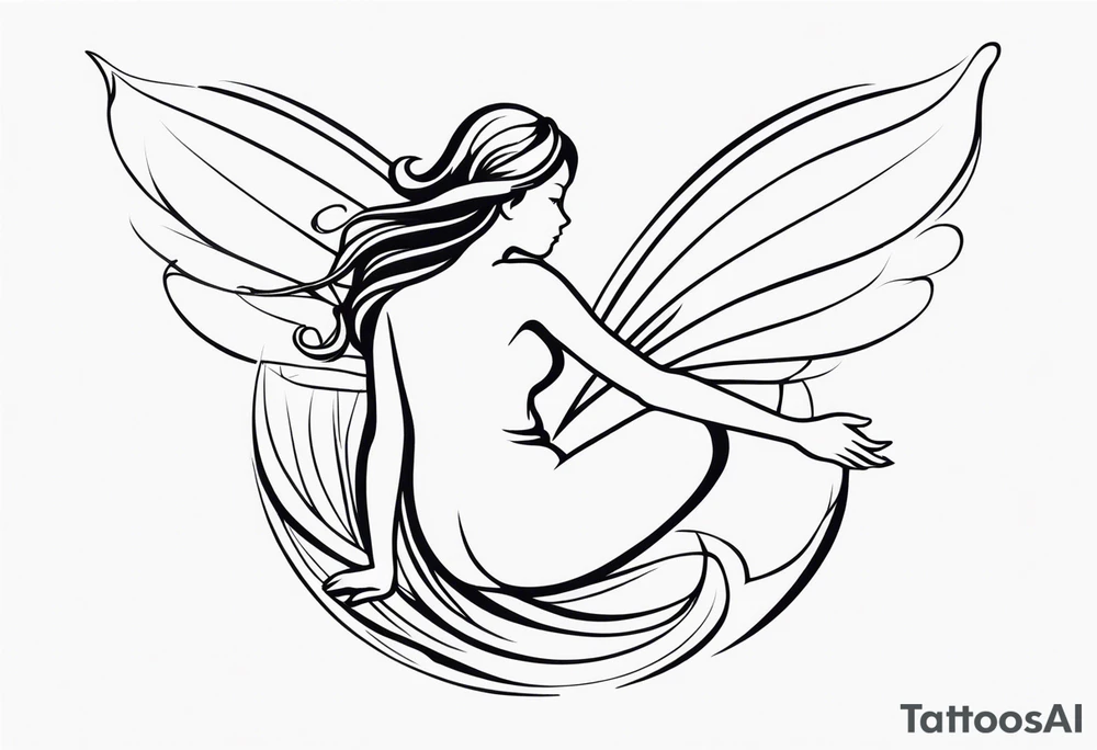 Minimalistic, monochromatic fairy with a tail flying to the left in a fetal position, leaning and looking in the same direction, with visible hands, embodying the 'Fairy Tail' logo aesthetic. tattoo idea