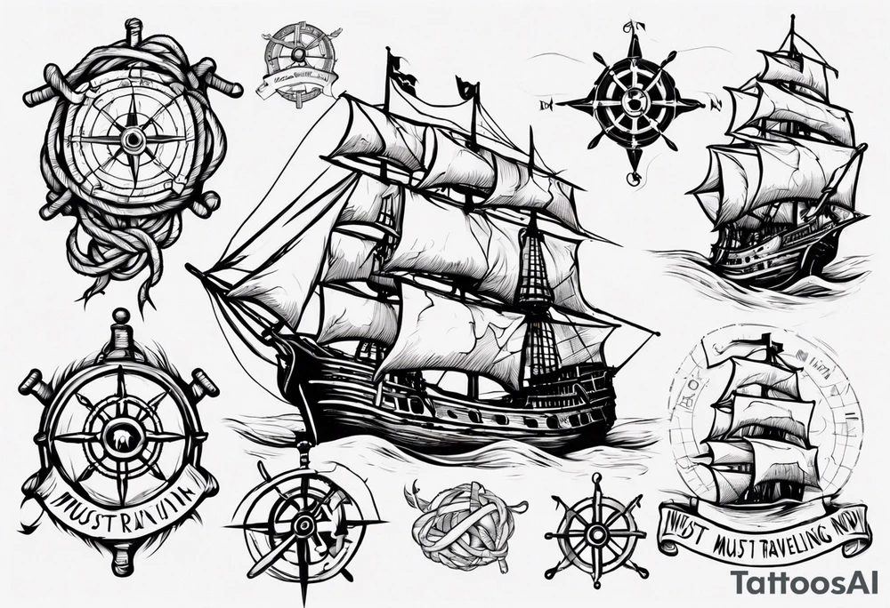 pirate ship with a map, square knot, compass, with words "for I must be traveling on now" tattoo idea