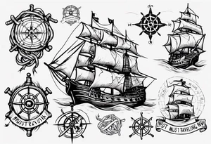 pirate ship with a map, square knot, compass, with words "for I must be traveling on now" tattoo idea