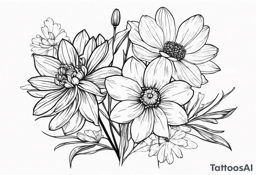 Narcissus, Chrysanthemum, Cosmos, snow drop that shows all the flower stems for the back of the arm. tattoo idea
