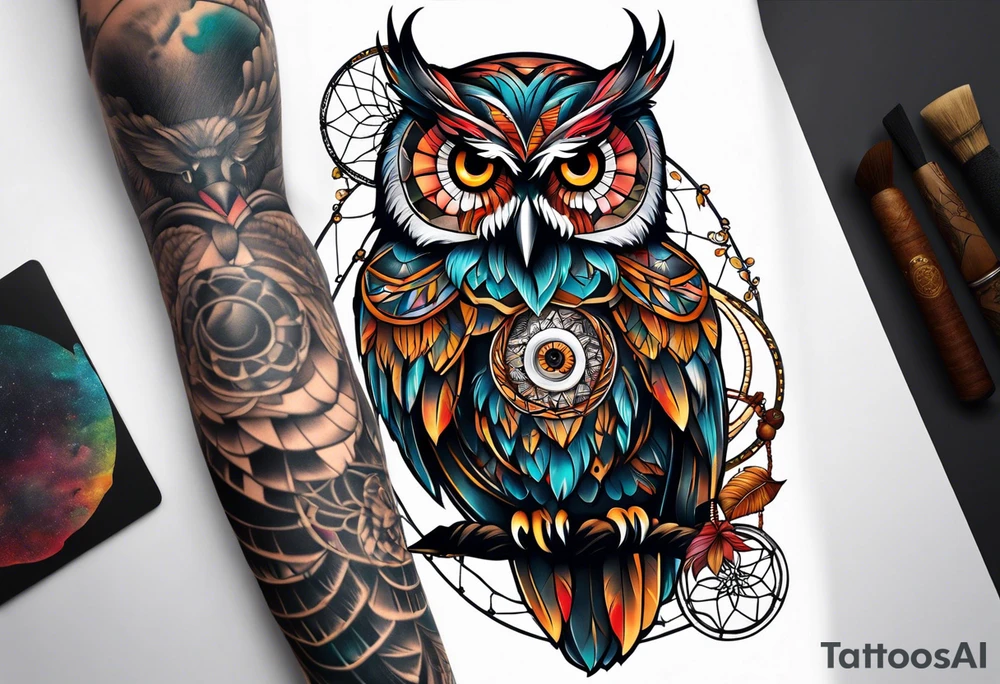 Owl and dreamcatcher back of calf sleeve tattoo idea