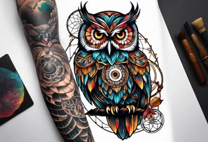 Owl and dreamcatcher back of calf sleeve tattoo idea