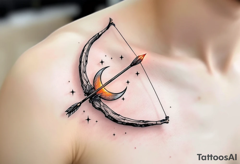 A realistic bow and arrow, with the arrow’s tip shooting through a crescent moon. The bow is detailed with wooden textures, and the arrow glows with a fiery orange hue, symbolizing Sagittarius' adventurous spirit and fiery nature. Surrounding the bow are small stars in silver to evoke the constellation. tattoo idea