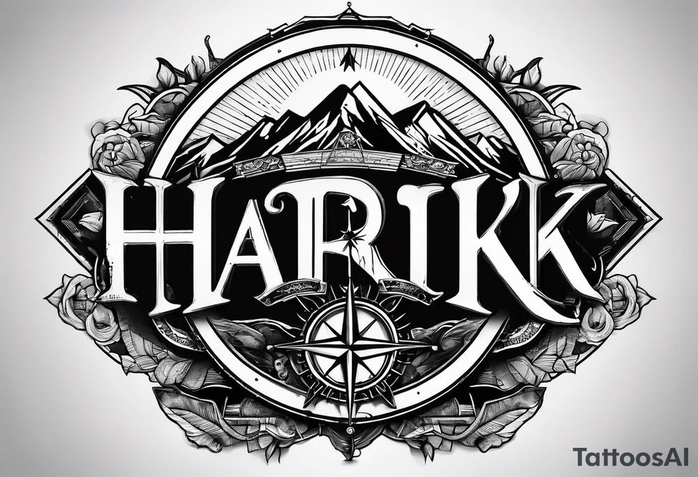 The word "HARK" as a banner with a mountain, compass and an airplane in a circular design tattoo idea