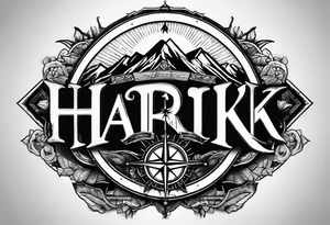 The word "HARK" as a banner with a mountain, compass and an airplane in a circular design tattoo idea