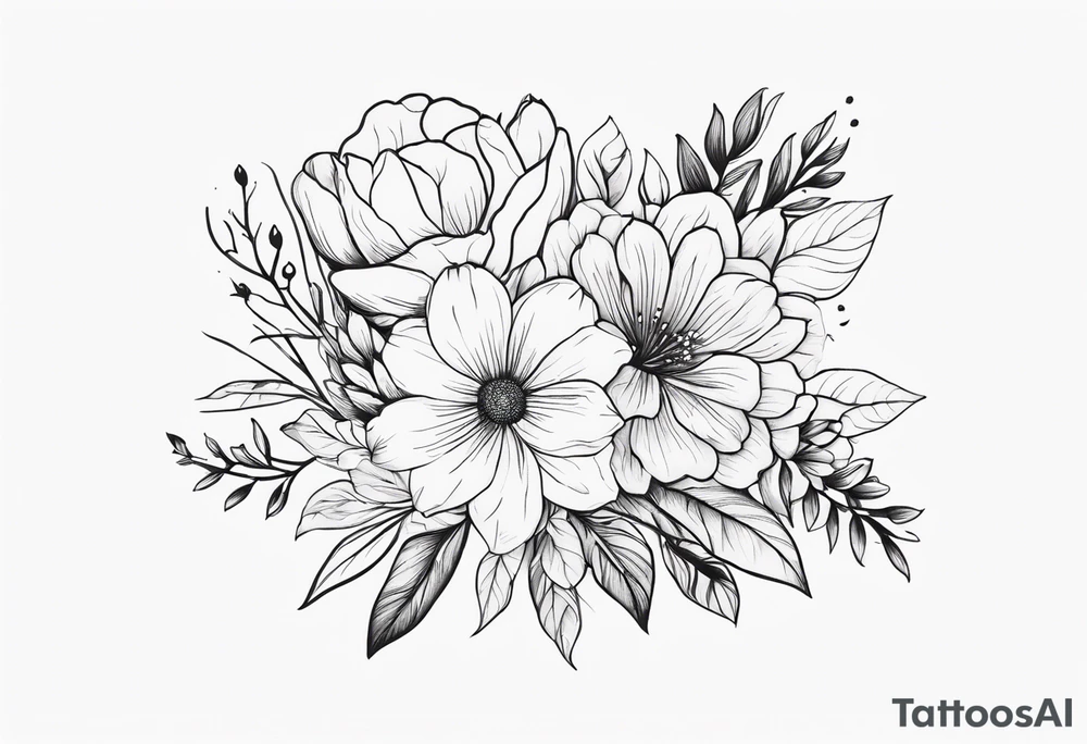 fine line floral bouquet tattoo idea