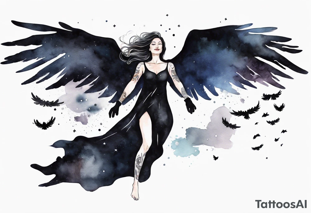 a beautiful 45 year old woman flying in the night sky with black wings, wearing a black cloak and gloves, bare feet tattoo idea