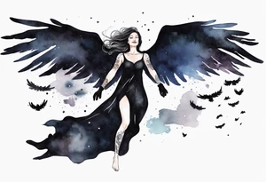 a beautiful 45 year old woman flying in the night sky with black wings, wearing a black cloak and gloves, bare feet tattoo idea