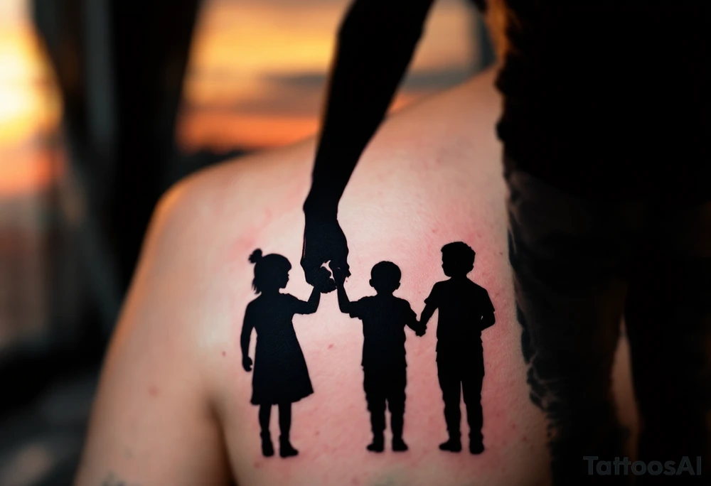 A silhouette of a father holding hands with two children at sunset, shaded in black with a soft orange and pink background. tattoo idea