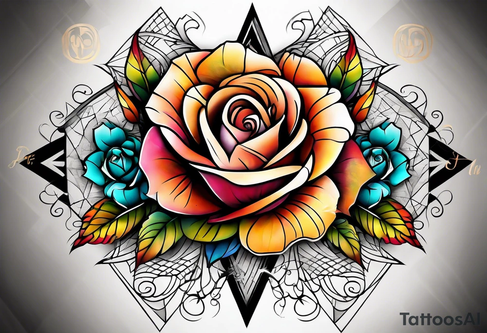 knee tattoo with geometry, roses and swirl washes in background in fall colors tattoo idea