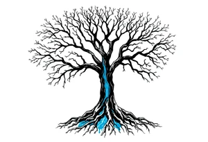 Black and white deciduos Tree with roots. Blue water inside the whole tree in many thin veins. flows from the brunches to the roots tattoo idea