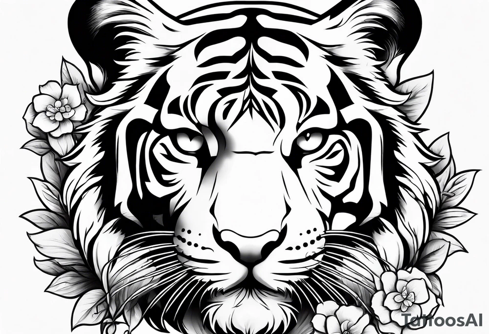 cute tiger with flowers tattoo idea