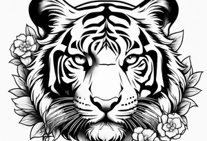 cute tiger with flowers tattoo idea