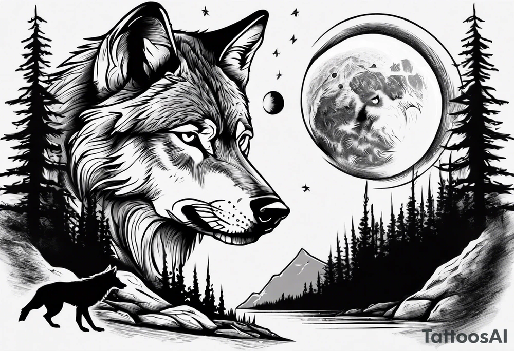 Wolf face a river under it the moon passing through big pine trees tattoo idea