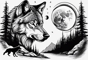 Wolf face a river under it the moon passing through big pine trees tattoo idea