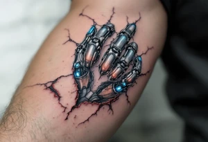 A detailed tattoo showing robotic finger joints in brushed steel with glowing ice-blue synapses connecting beneath realistic torn skin. tattoo idea