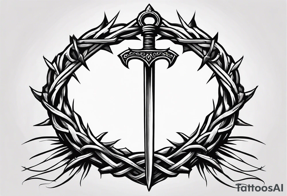 A simple design of a crown of thorns resting on the guard of a sword that is piercing a heart tattoo idea