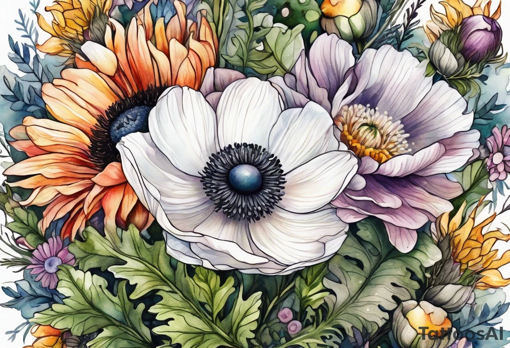 white anemone with black center in the middle of wildflowers with thistles, ferns, ranuculus, sun flowers, mixed color flowers and different shapes all in watercolor tattoo idea