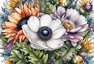 white anemone with black center in the middle of wildflowers with thistles, ferns, ranuculus, sun flowers, mixed color flowers and different shapes all in watercolor tattoo idea