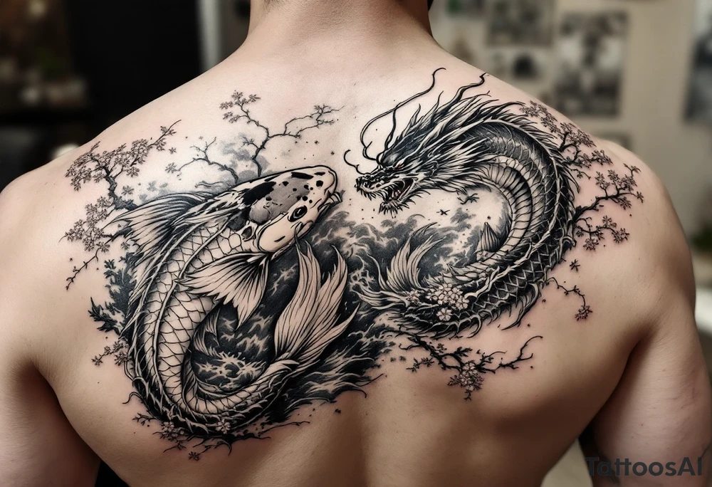koi fish fighting a dragon with a sakura tree in the background, Japanese inspired piece tattoo idea