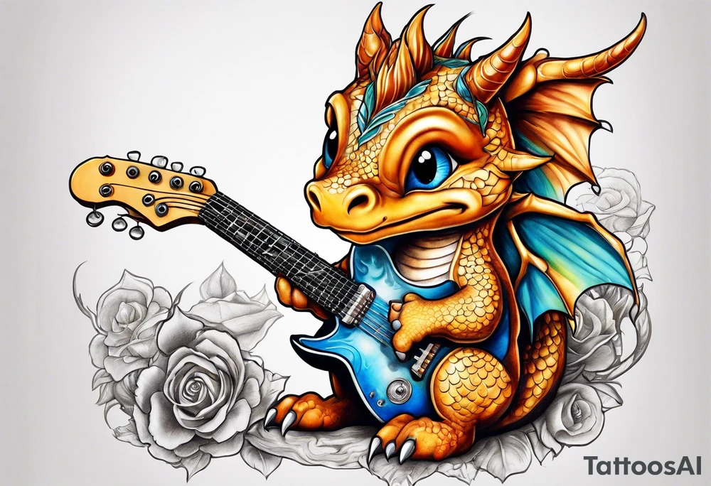 baby dragon with guitar tattoo idea