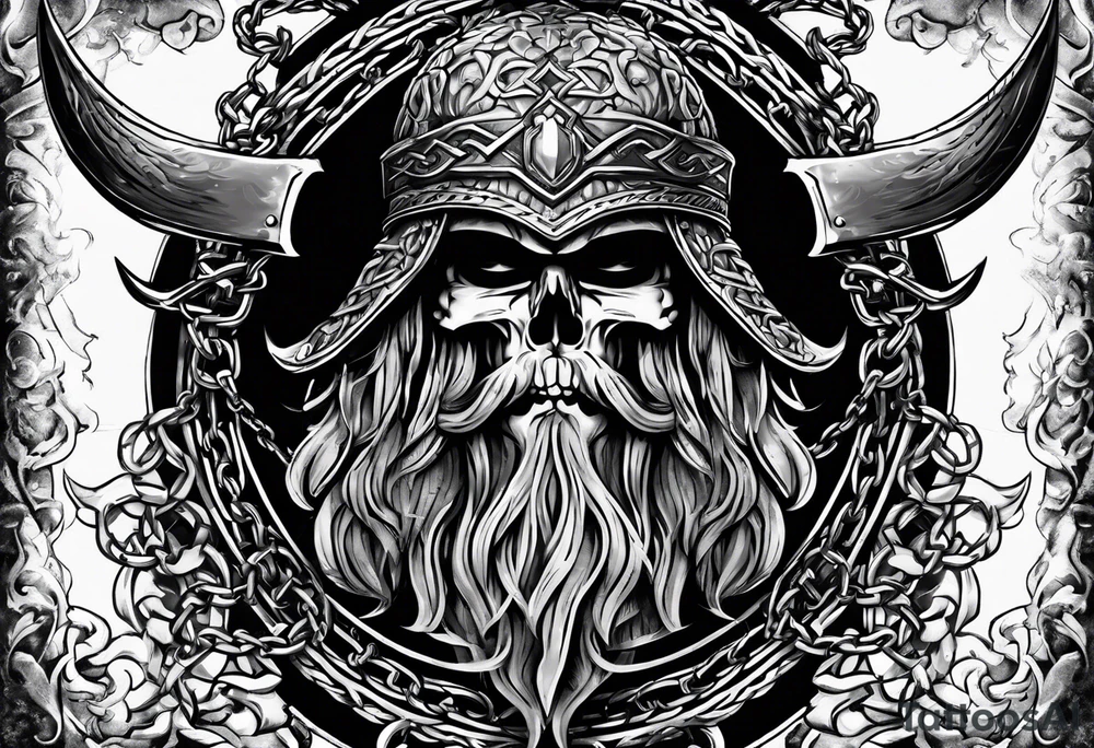 Valhalla sword shield axe barbed wire chains dark cloud tattoo idea