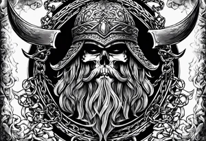 Valhalla sword shield axe barbed wire chains dark cloud tattoo idea