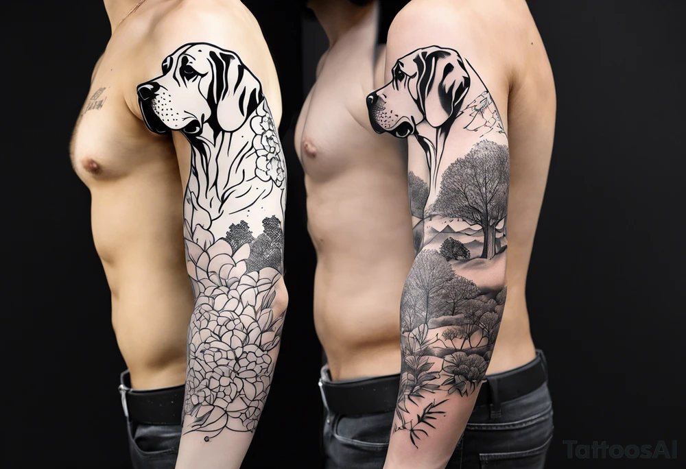 Arm sleeve that has 4 separate small Great Dane heads mixed in with other fill work that resembles the outdoors tattoo idea